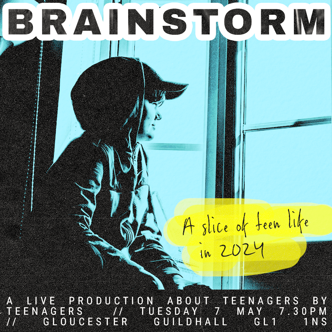 A promotional image for 'Brainstorm' – a teenager in cap and hoodie sits looking out of their bedroom window