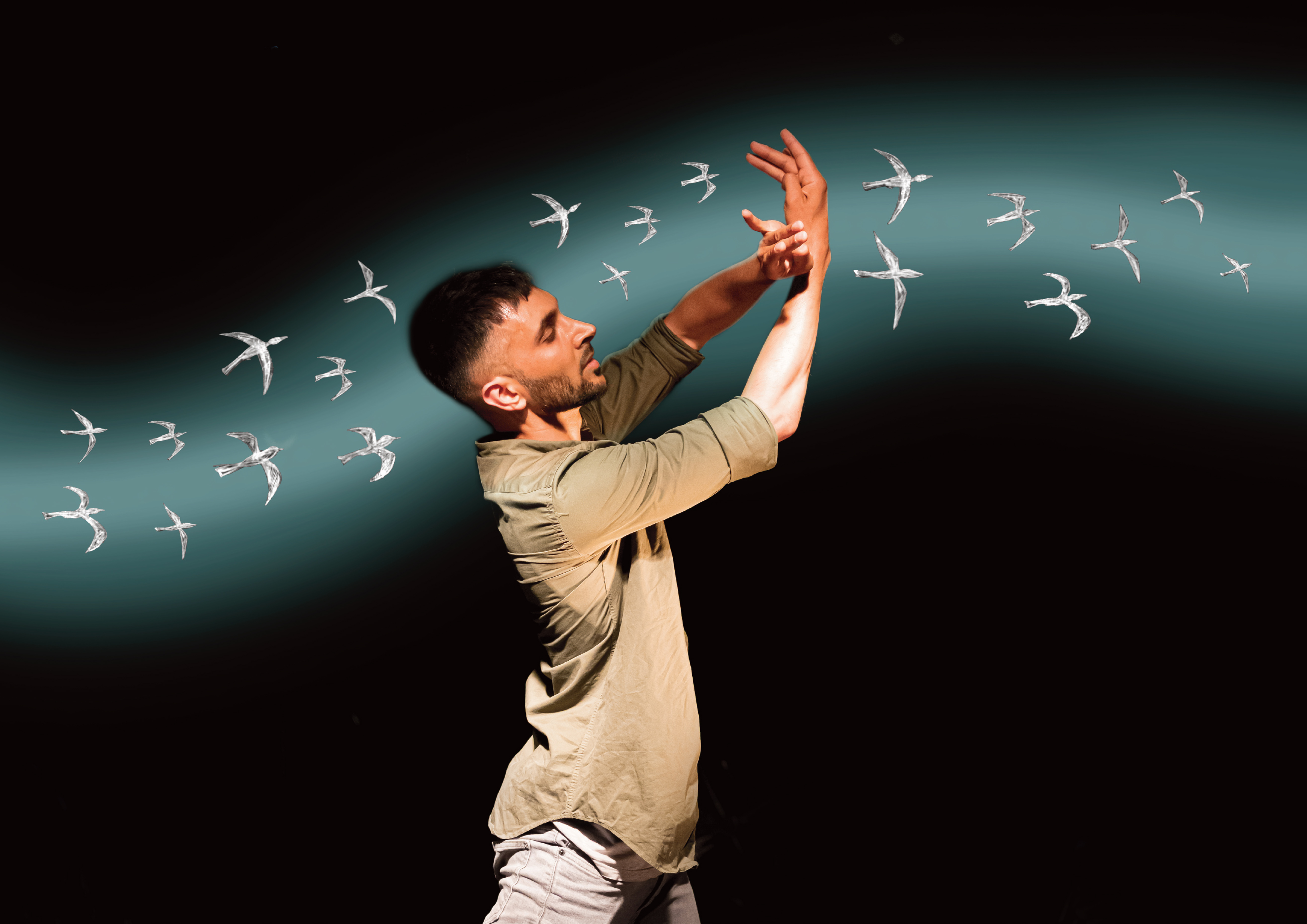 Aakash Odedra dancing in front of a flock of animated birds	