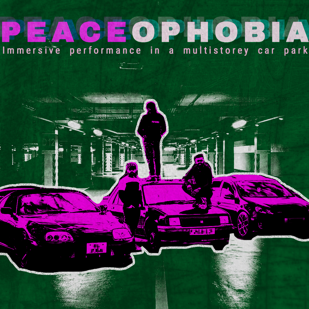 A promotional image for 'Peaceophobia', showing 3 Muslim men with their cars against a multistorey car park background