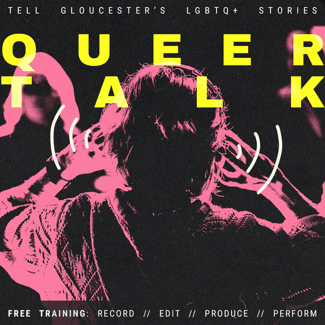 a promotional image for 'Queer Talk', featuring photo booth shots of a happy young gay couple