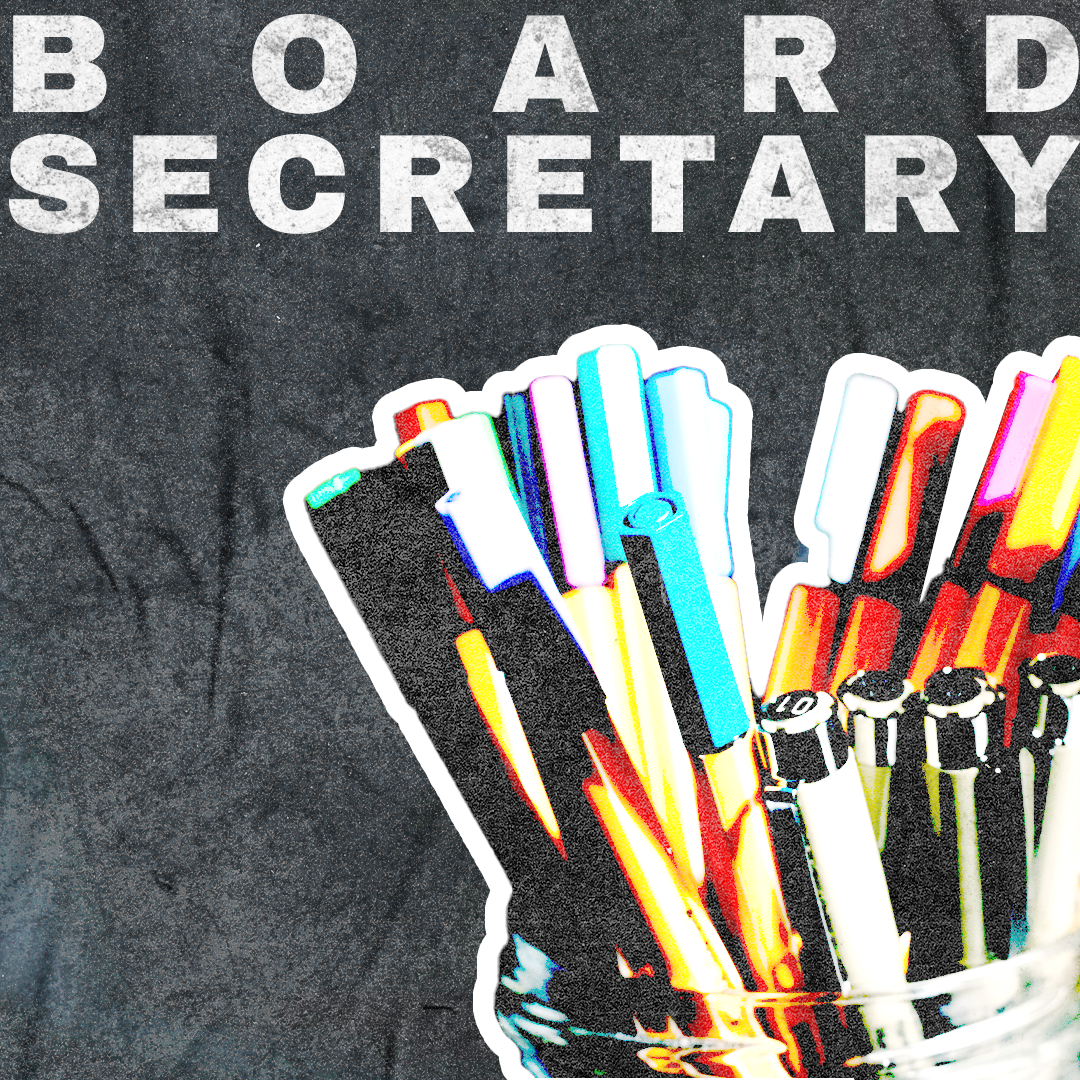 Colourful pens in a pot – text over the top says 'Board Secretary'