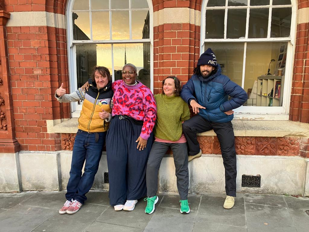 The 4 ‘LABA’ artists, Ed Patrick, Munotida Chinyanga, Viv Gordon and Jamaal O’Driscoll standing together in front of the windows of a red brick building