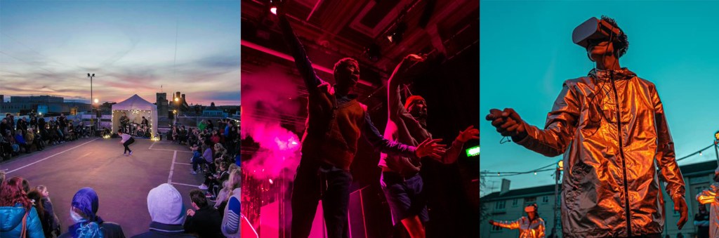 First image is a dance performance on Kings Walk car park rooftop. Second is two performers at Gloucester Guildhall. Third picture is an outdoor VR dance In Matson.