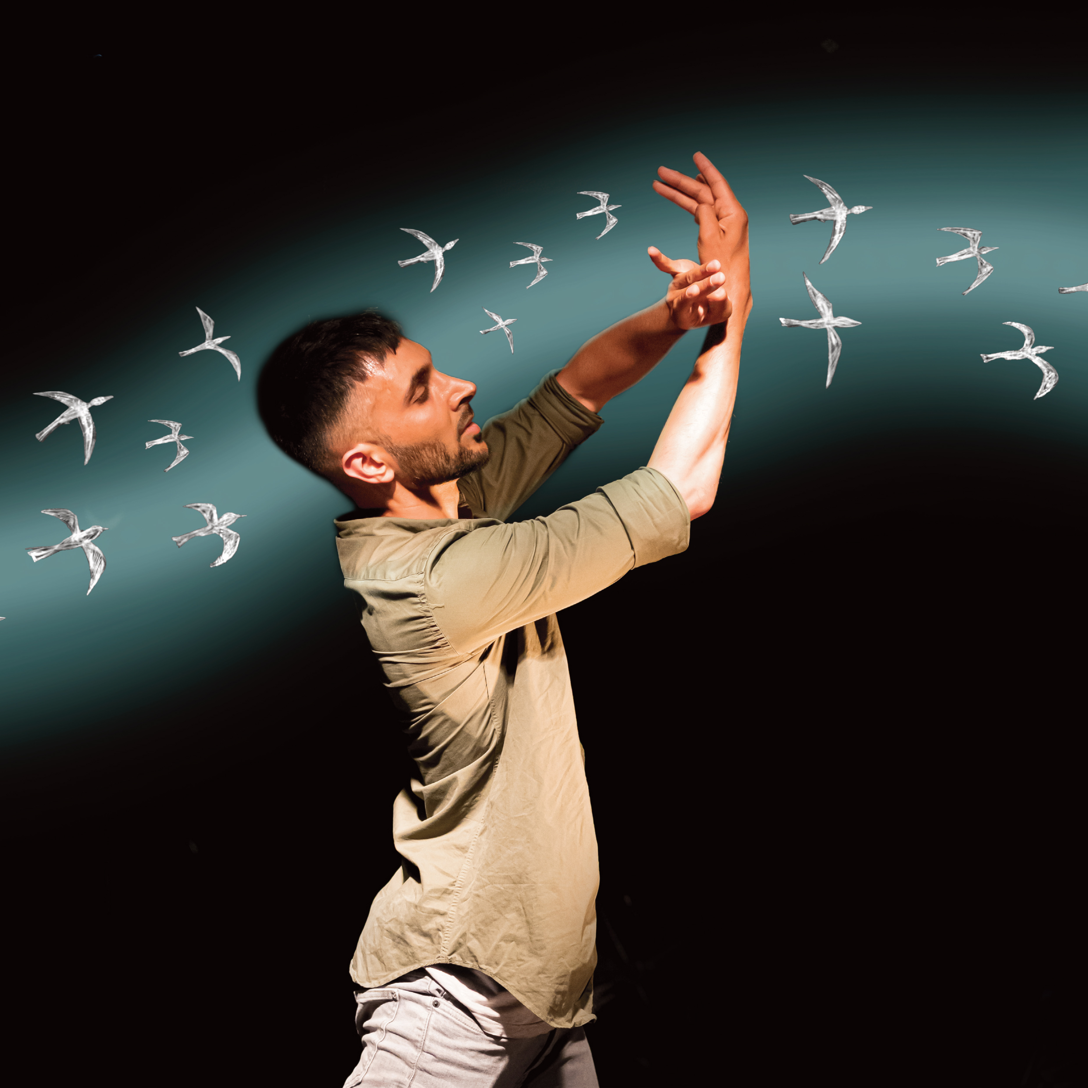 Aakash Odedra dancing in front of a flock of animated birds