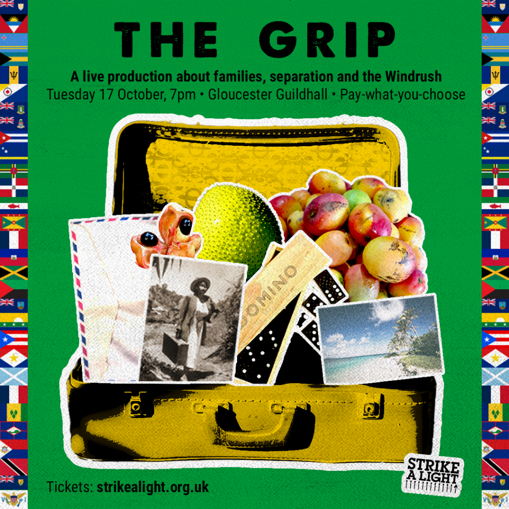 a promotional image for The Grip, featuring a large vintage suitcase overflowing with Carribbean memorabilia