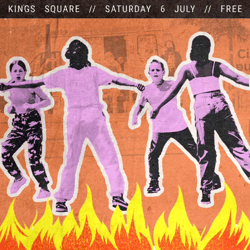 Cut out-photo negative poster of children dancing. 

Written on top: Kings Square // Saturday 6 July // Free