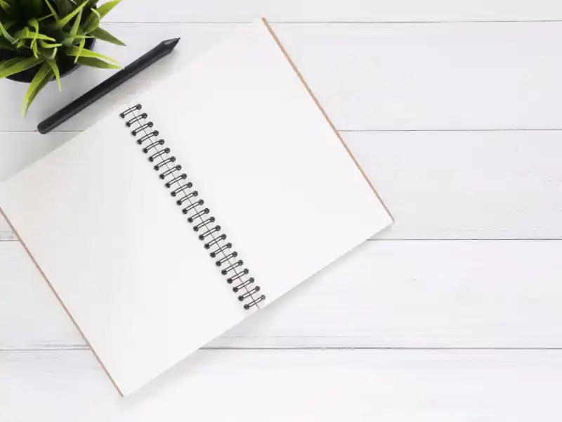 Blank note book and a pen set on a white table with a potted plant in the top left corner